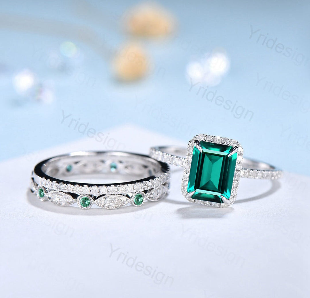 Emerald Cut Emerald Ring 2CT Engagement Ring Set Halo Diamond Solid White gold  Wedding Set Moissanite Bridal Promise Ring Anniversary Gift - PENFINE
