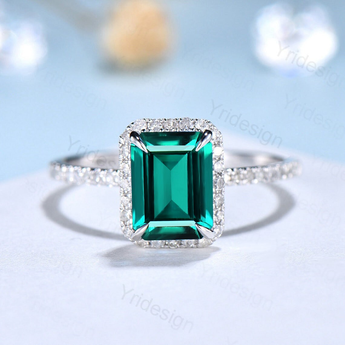 Emerald Cut Emerald Ring 2CT Engagement Ring Set Halo Diamond Solid White gold Wedding Set Moissanite Bridal Promise Ring Anniversary Gift - PENFINE