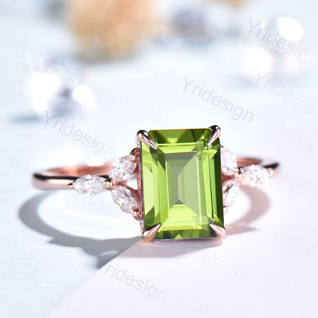 Vintage Emerald Cut Peridot Ring Rose Gold-14K/18K Art Deco Green Marquise Diamond Engagement Ring Wedding Ring Women Anniversary Ring - PENFINE