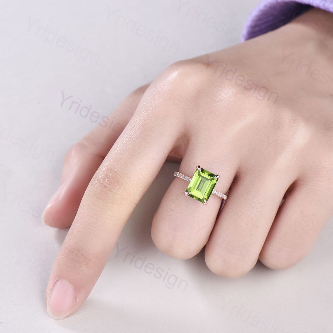 Vintage Emerald Cut Peridot Engagement Ring Hidden Halo Basket 3CT Peridot and diamond Ring For Women Rose Gold Anniversary Ring For Her - PENFINE