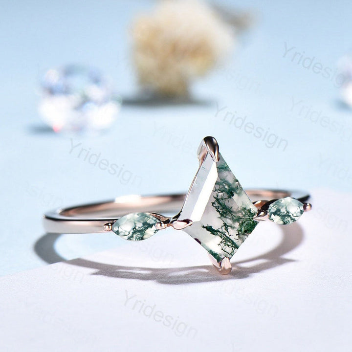 Vintage kite cut moss agate ring solid 14k rose gold marquise cut green agate engagement ring unique wedding ring for women anniversary gift - PENFINE
