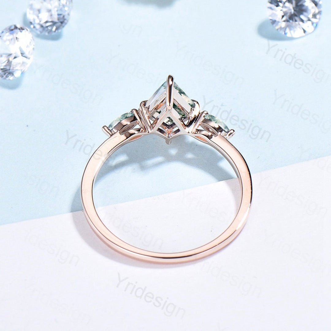 Vintage kite cut moss agate ring solid 14k rose gold marquise cut green agate engagement ring unique wedding ring for women anniversary gift - PENFINE