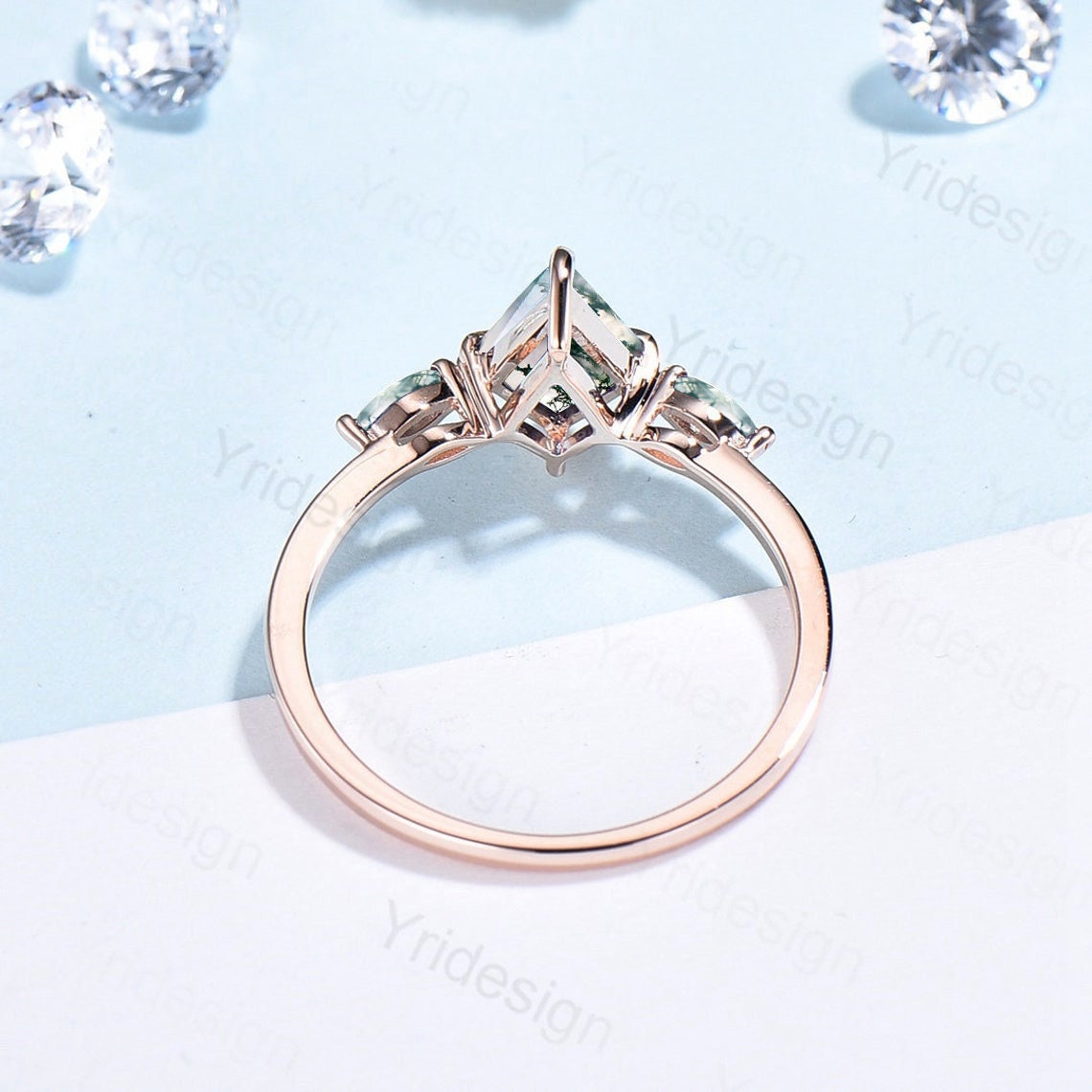 Vintage kite cut moss agate ring solid 14k rose gold marquise cut green agate engagement ring unique wedding ring for women anniversary gift - PENFINE