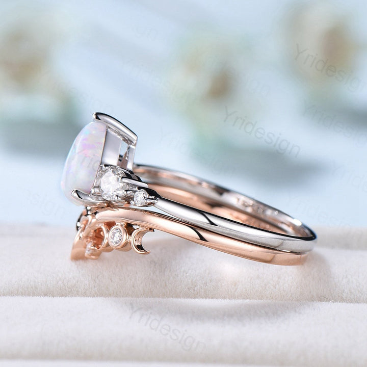 Vintage opal ring gold women unique pear shaped fire white opal engagement ring set moissanite ring art deco crown wedding ring set - PENFINE