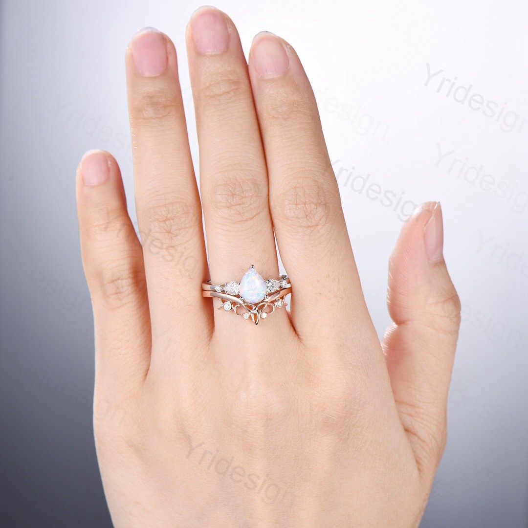 Vintage opal ring gold women unique pear shaped fire white opal engagement ring set moissanite ring art deco crown wedding ring set - PENFINE
