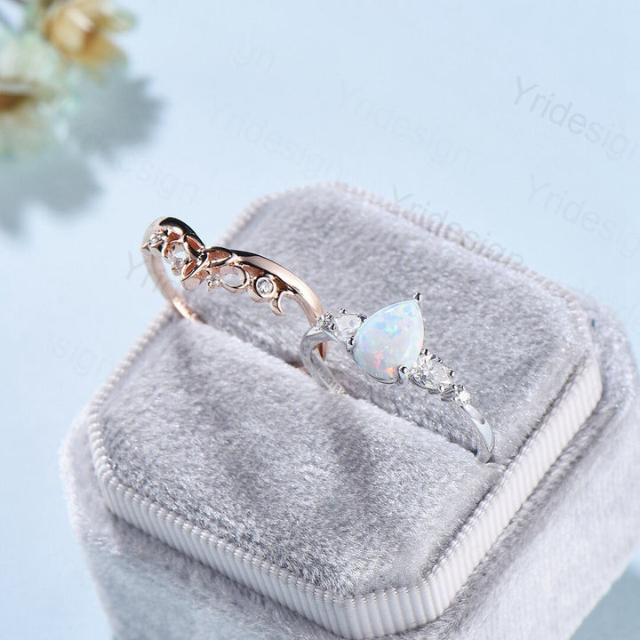 Vintage opal ring gold women unique pear shaped fire white opal engagement ring set moissanite ring art deco crown wedding ring set - PENFINE
