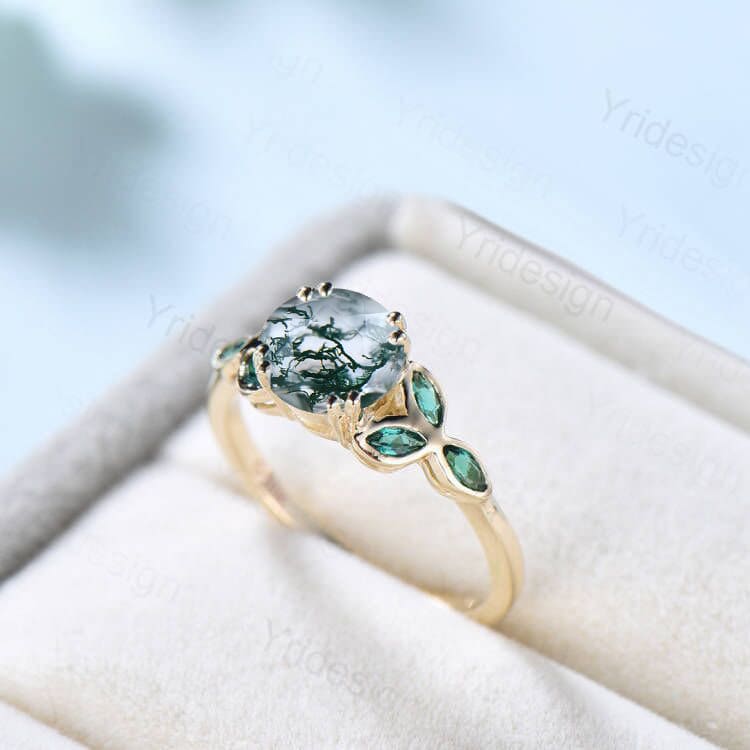 Vintage Moss Agate Engagement Ring Marquise Emerald and Agate wedding ring for women Bezel set art deco green stone bridal ring gift for her - PENFINE