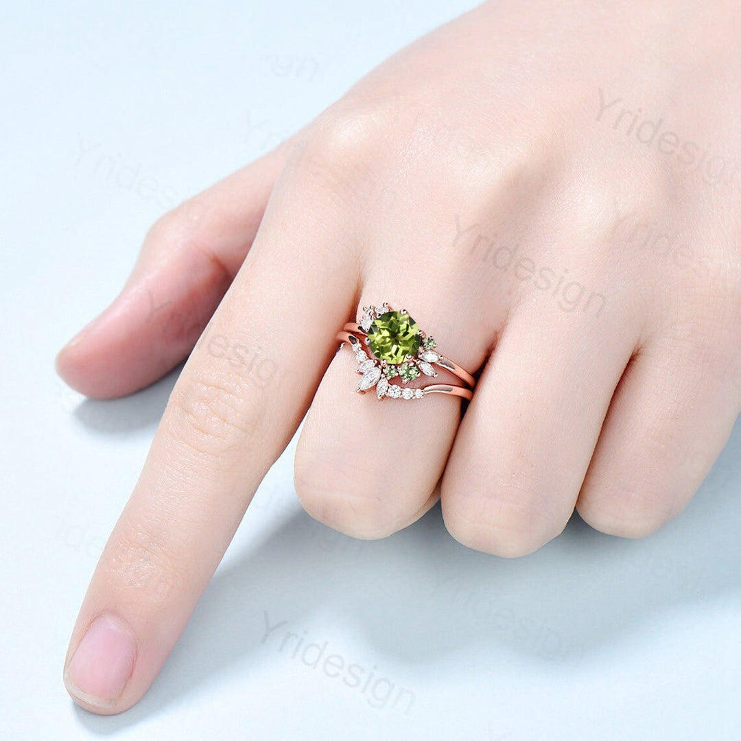 Vintage Peridot Engagement Ring Set Unique Cluster Moissanite Wedding Set Rose Gold Art Deco Anniversary Ring bridal set women gifts - PENFINE