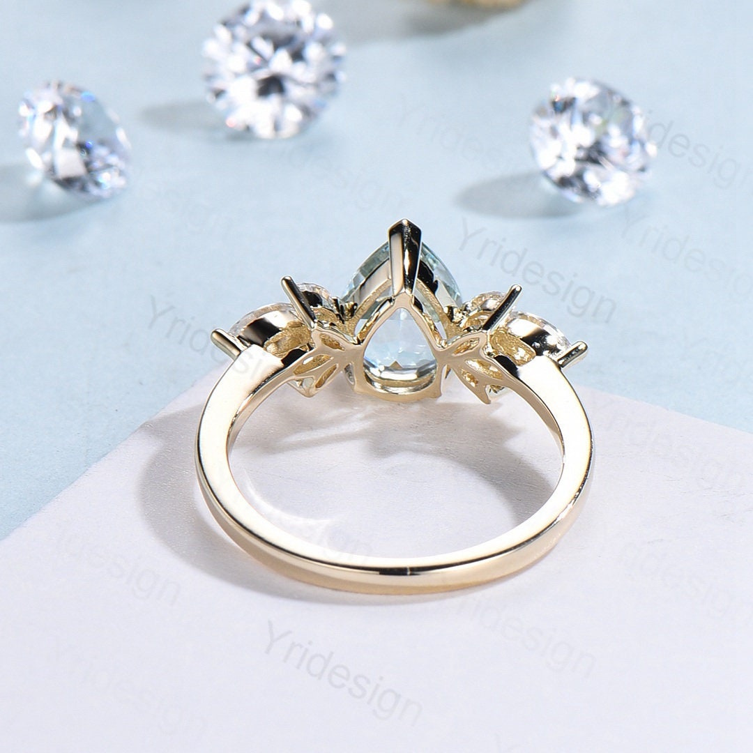 Pear shape aquamarine ring Vintage aquamarine engagement ring 14k gold cluster Marquise moissanite promise ring for women Bridal ring gift - PENFINE