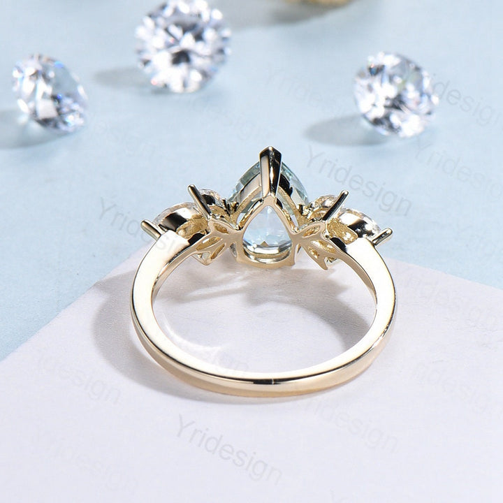 Pear shape aquamarine ring Vintage aquamarine engagement ring 14k gold cluster Marquise moissanite promise ring for women Bridal ring gift - PENFINE