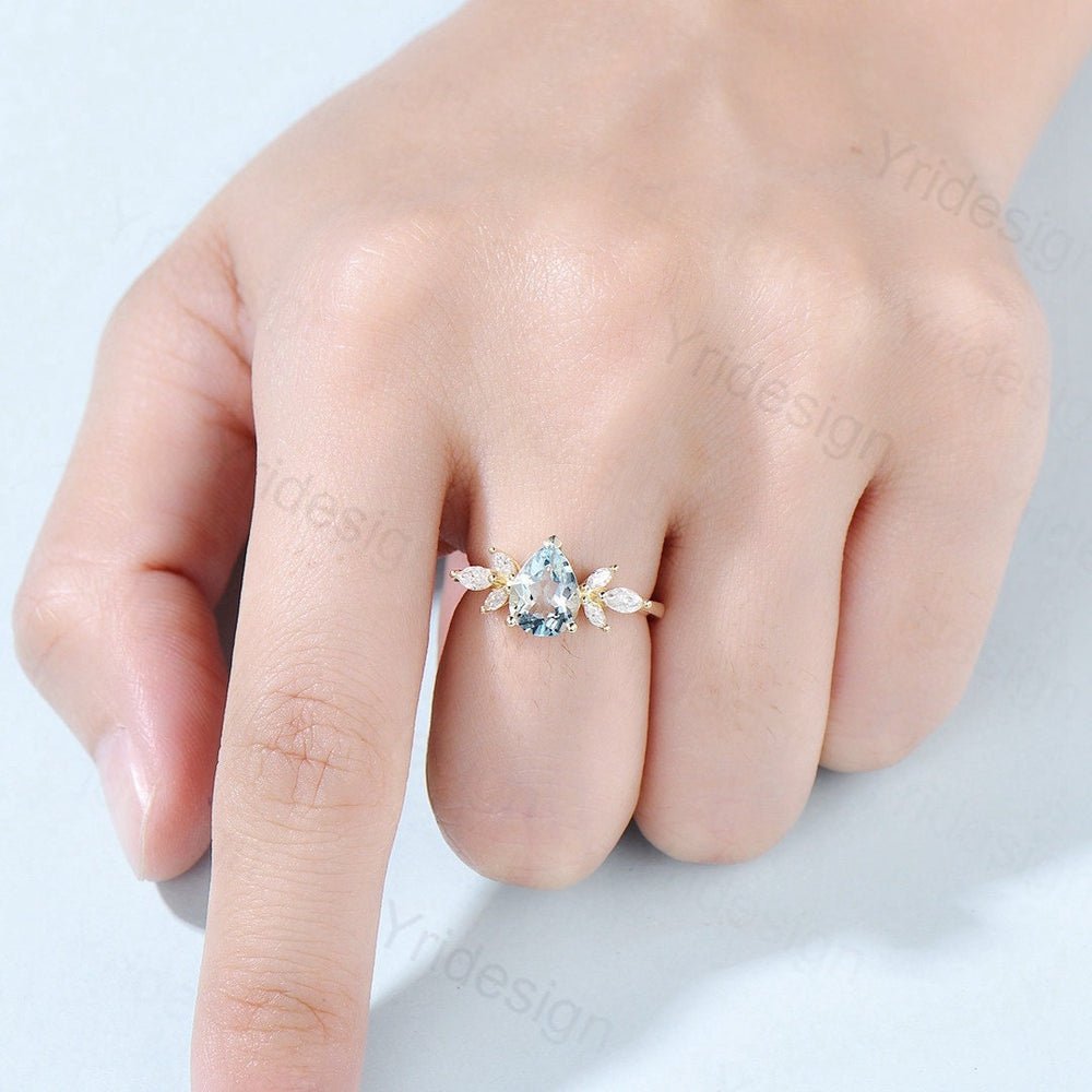 Pear shape aquamarine ring Vintage aquamarine engagement ring 14k gold cluster Marquise moissanite promise ring for women Bridal ring gift - PENFINE