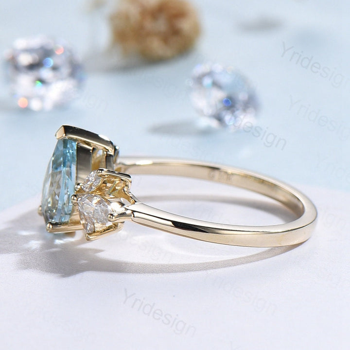 Pear shape aquamarine ring Vintage aquamarine engagement ring 14k gold cluster Marquise moissanite promise ring for women Bridal ring gift - PENFINE
