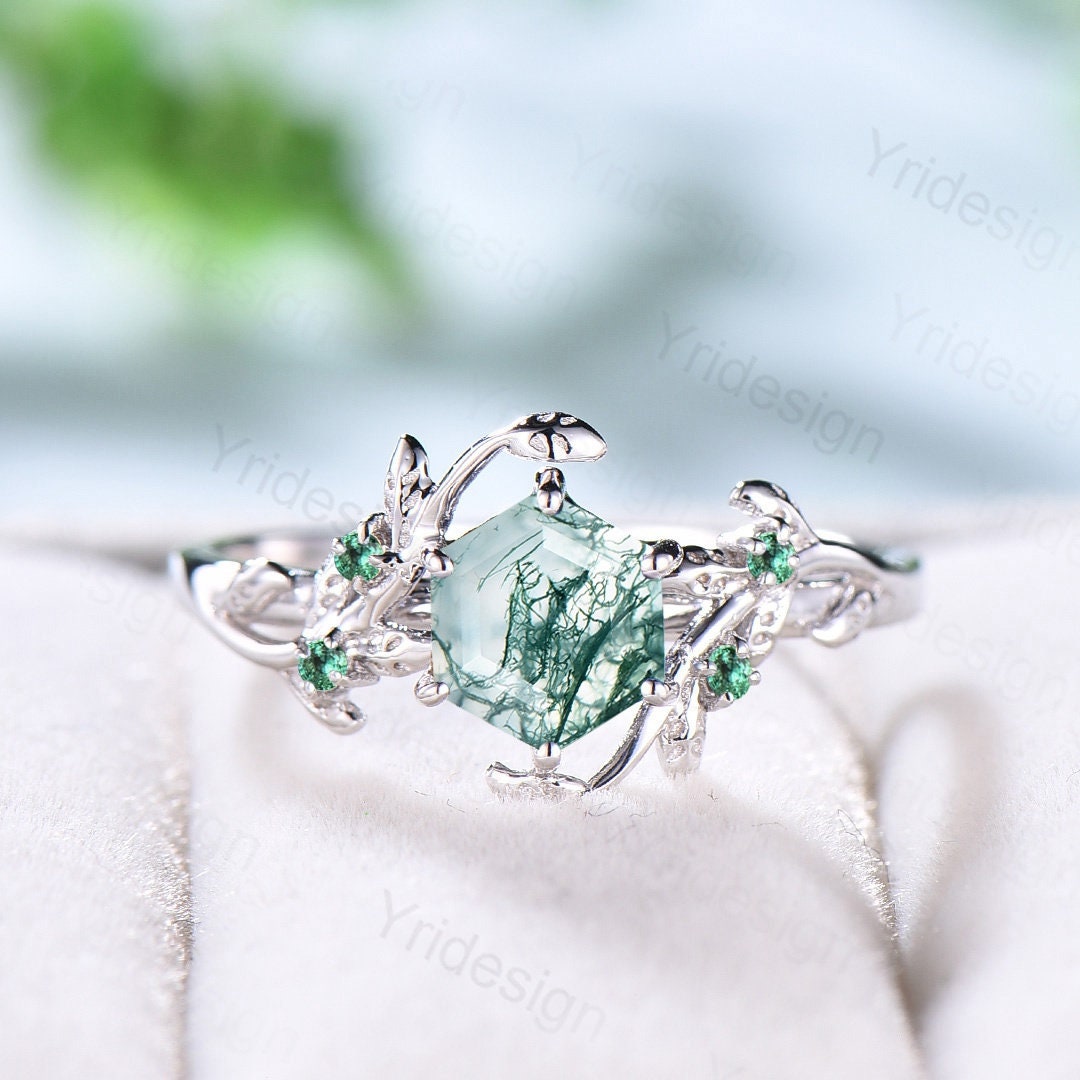 Elegant Natural Moss Agate Ring Vintage Unique Hexagon Engagement Ring Inspired Leaf Cluster Emerald Wedding Ring Women Green Gemstone Ring - PENFINE