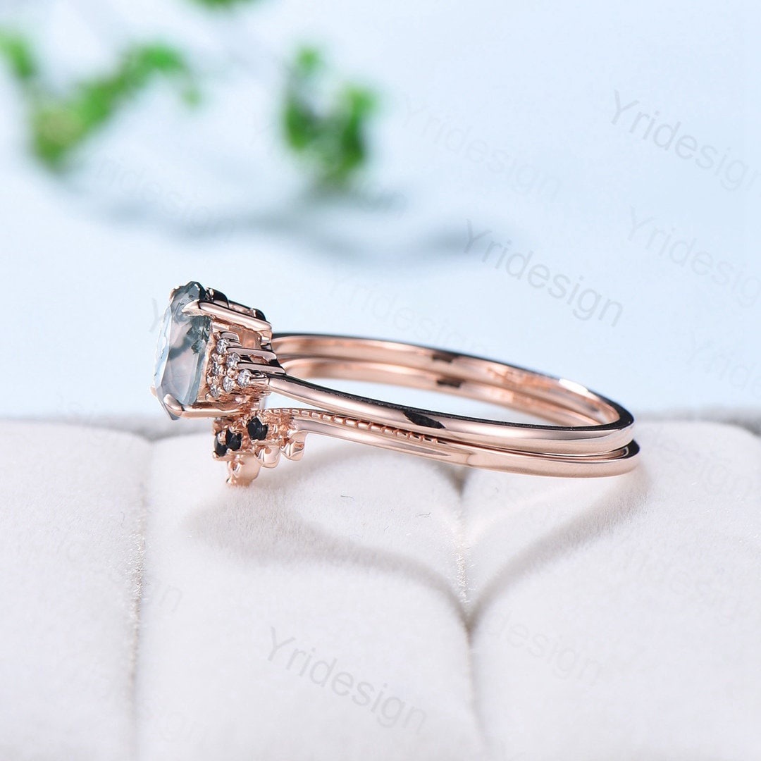 Oval moss agate engagement ring set unique cluster moissanite promise ring vintage aquatic agate wedding set black spinel stacking band - PENFINE