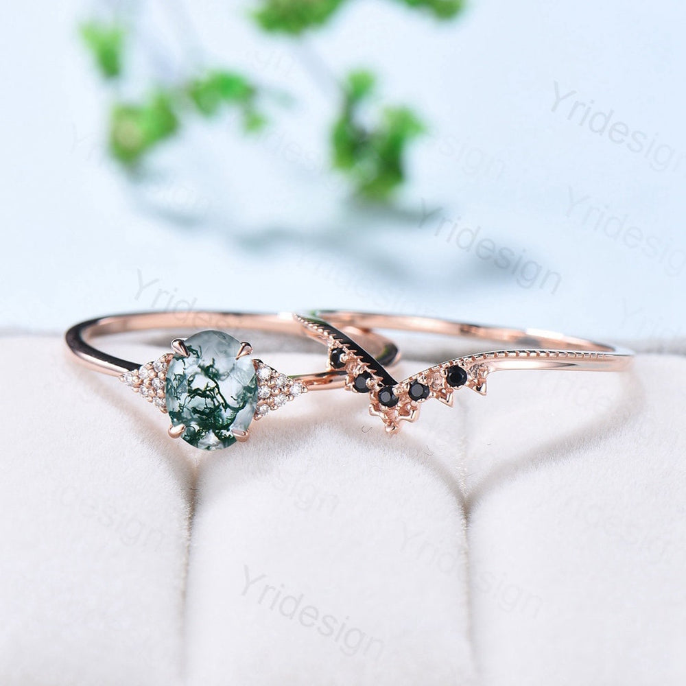 Oval moss agate engagement ring set unique cluster moissanite promise ring vintage aquatic agate wedding set black spinel stacking band - PENFINE