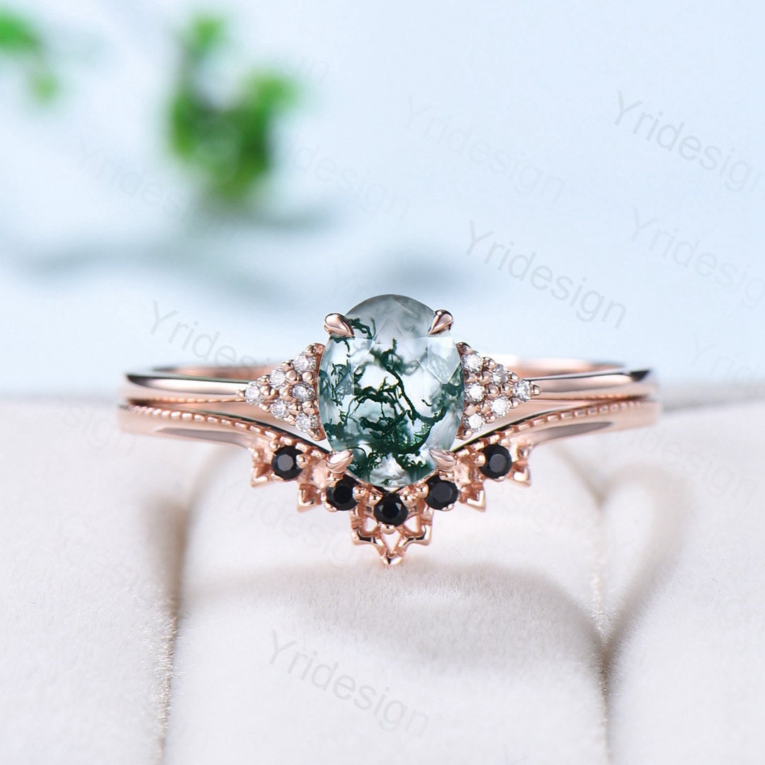 Oval moss agate engagement ring set unique cluster moissanite promise ring vintage aquatic agate wedding set black spinel stacking band - PENFINE