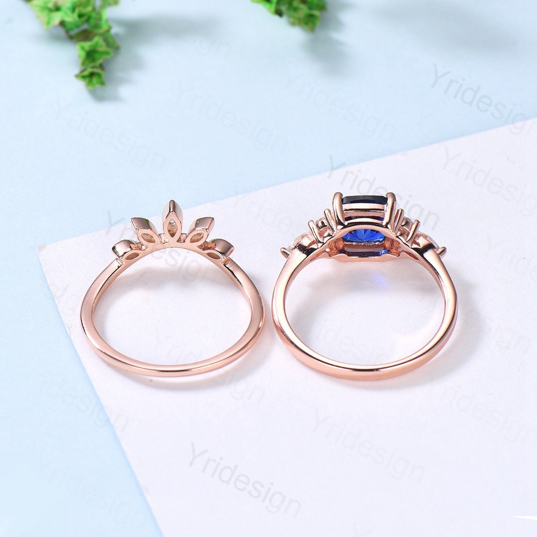 Vintage Cushion Alexandrite Engagement Ring Unique Opal Moonstone Wedding Ring Women Curved Leaf Vine Moissanite Band Anniversary Bridal Set - PENFINE