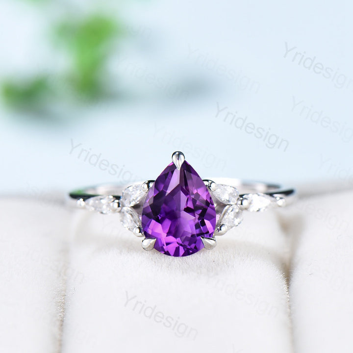 Natural Amethyst Engagement Ring / Pear Purple Amethyst Ring For Women / Vintage Rose Gold Cluster Ring February Birthstone promise ring - PENFINE