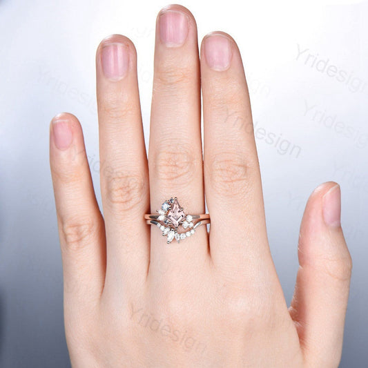 Vintage Kite cut morganite ring rose gold silver unique morganite engagement ring cluster alexandrite bridal wedding ring set women gift - PENFINE