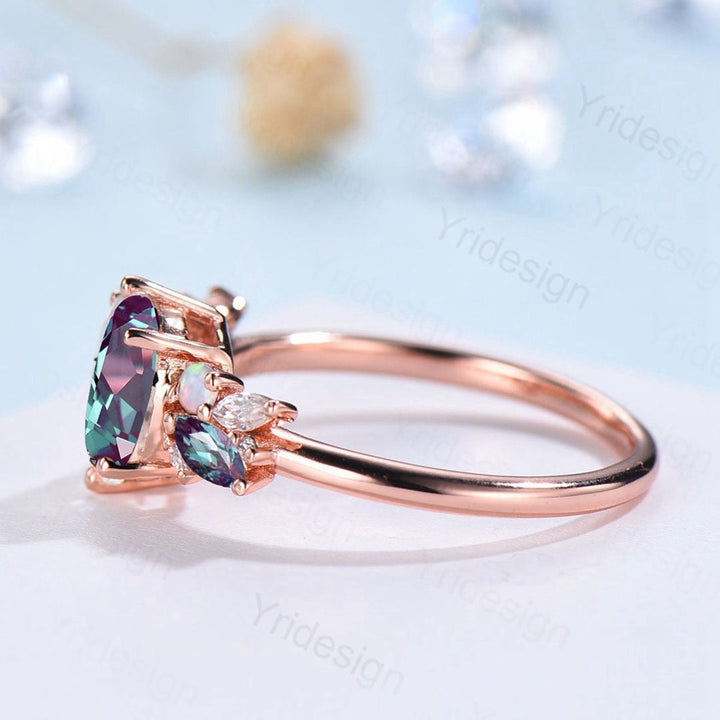 Vintage Alexandrite Engagement Ring Unique Rose Gold Cluster Alexandrite Opal Wedding Ring For Women Bridal Promise Ring Anniversary Gift - PENFINE