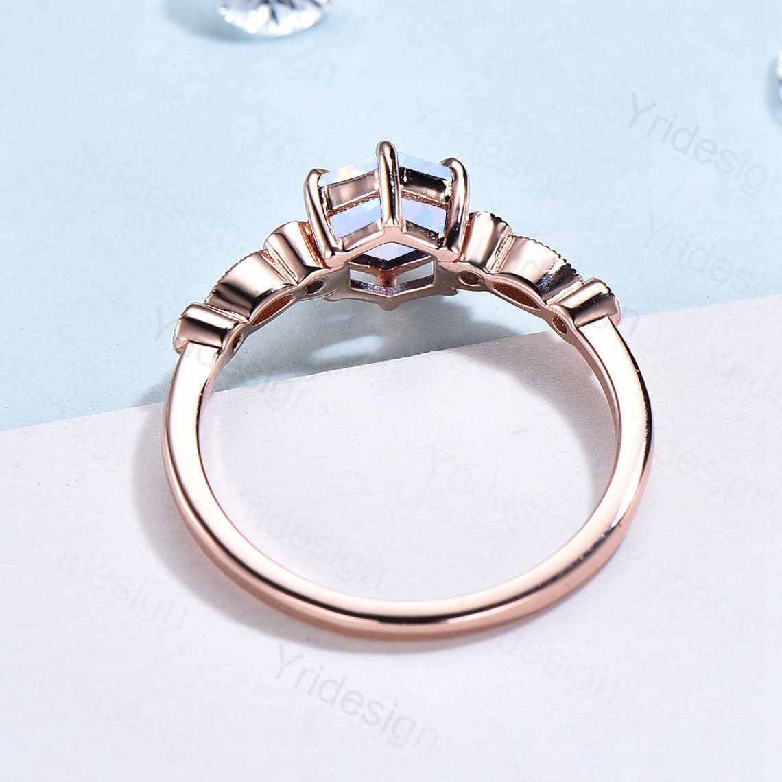 Hexagon opal ring dainty vintage white opal engagement ring art deco 6 prongs sterling silver simulated CZ bride ring for women promise ring - PENFINE