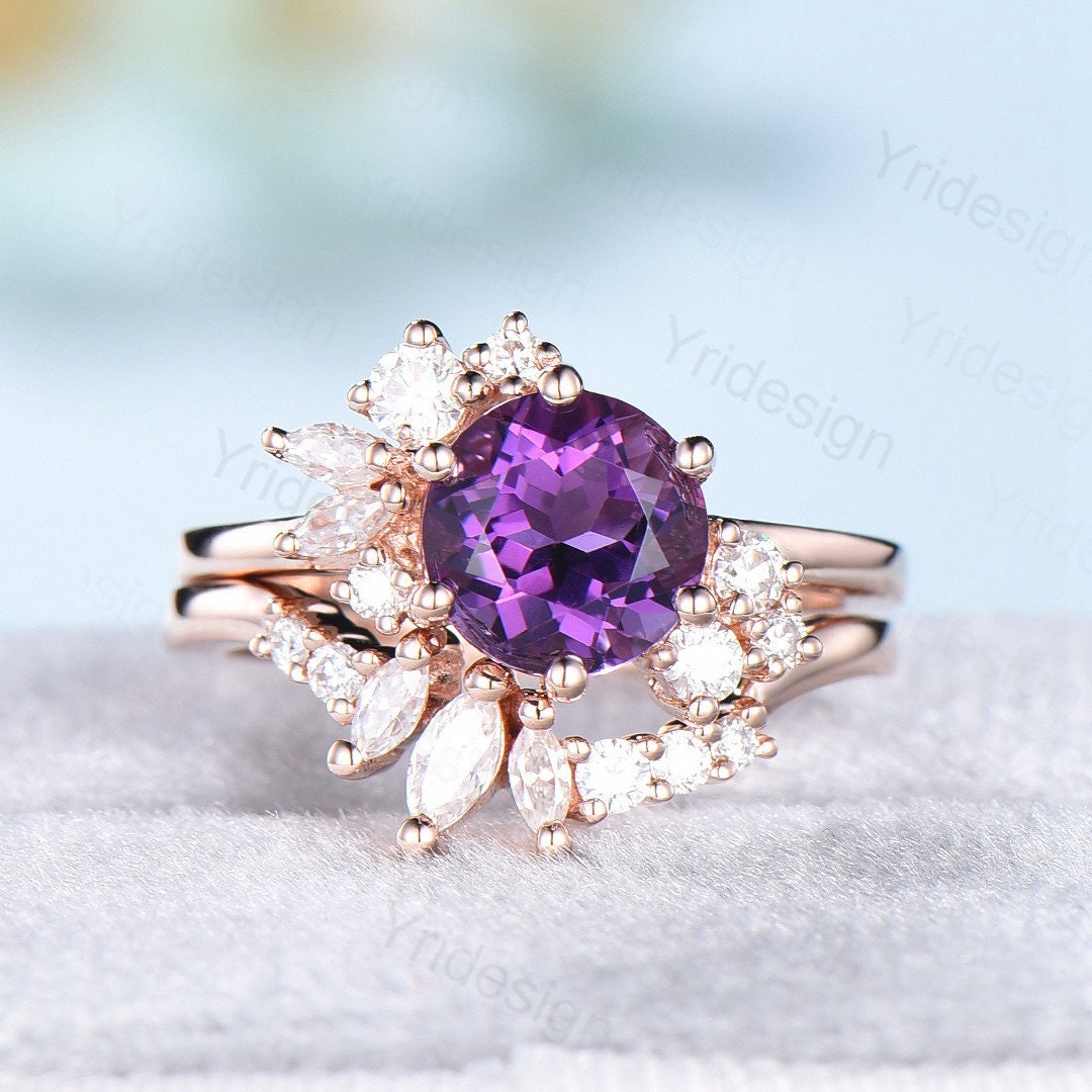Vintage Purple Amethyst Engagement Ring Set Unique Cluster Moissanite Gold Wedding Ring For Women Anniversary Ring bridal ring set jewelry - PENFINE