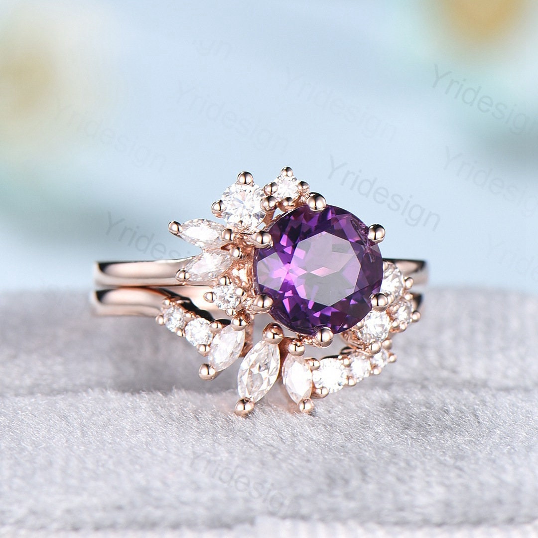 Vintage Purple Amethyst Engagement Ring Set Unique Cluster Moissanite Gold Wedding Ring For Women Anniversary Ring bridal ring set jewelry - PENFINE