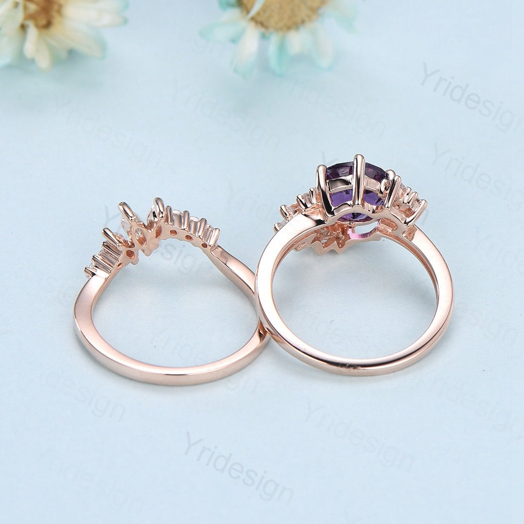 Vintage Purple Amethyst Engagement Ring Set Unique Cluster Moissanite Gold Wedding Ring For Women Anniversary Ring bridal ring set jewelry - PENFINE