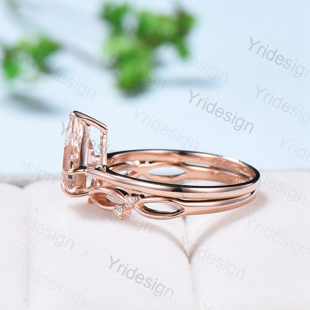 Vintage Morganite Engagement Ring Set Rose Gold Kite Cut Morganite Wedding Set Women Ring Curved Art Deco Matching Band Anniversary Gift - PENFINE