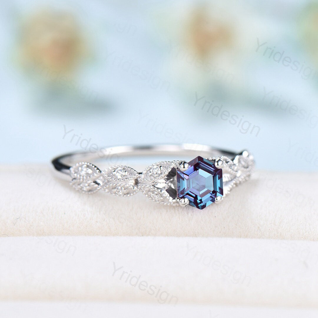 Crown Hexagon alexandrite ring vintage split shank alexandrite engagement ring white gold unique art deco moissanite wedding ring for women - PENFINE