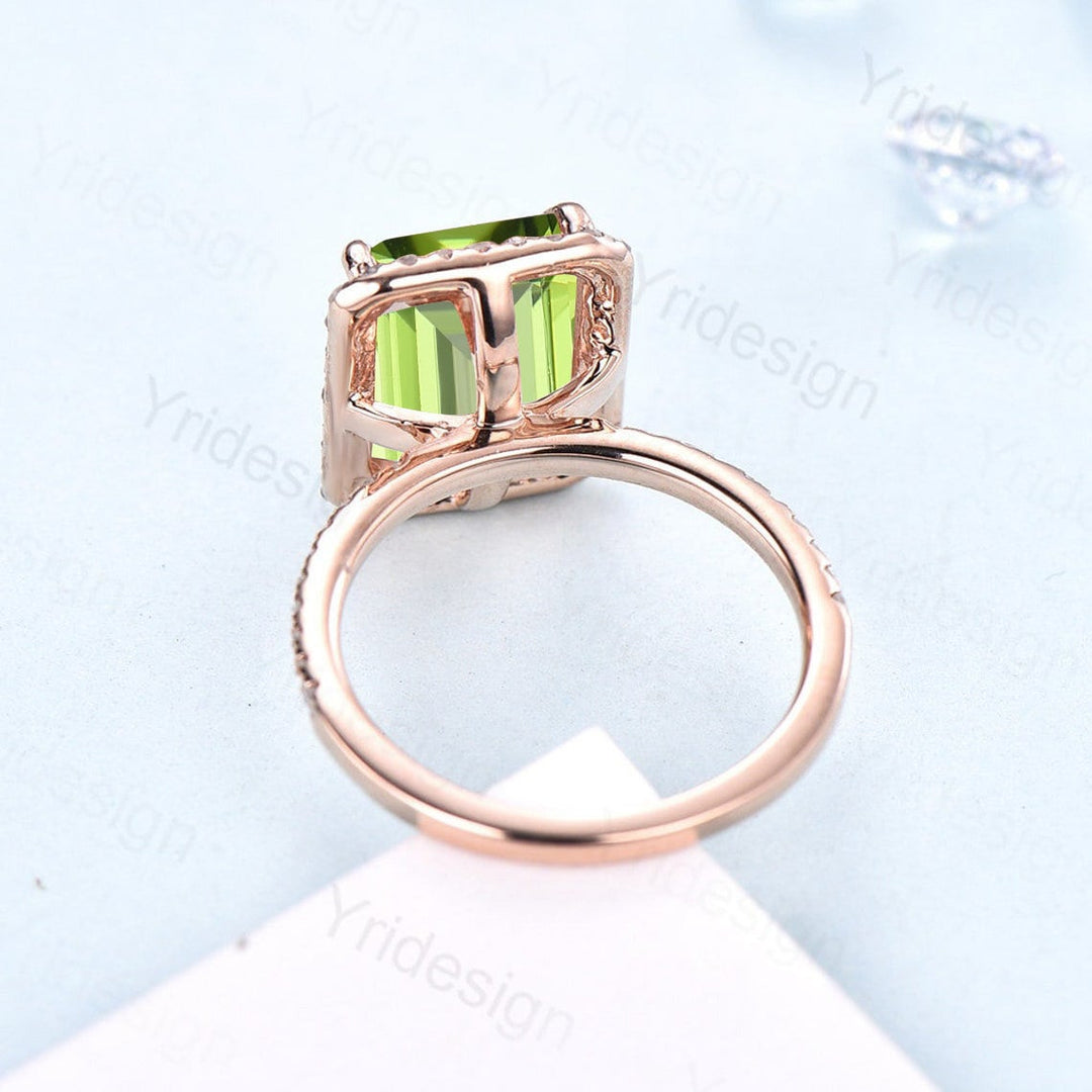 8X10mm Emerald Cut Peridot Ring Rose Gold 4CT Peridot Engagement Ring Vintage Halo Diamond Green Stone Wedding Ring Women Anniversary Ring - PENFINE