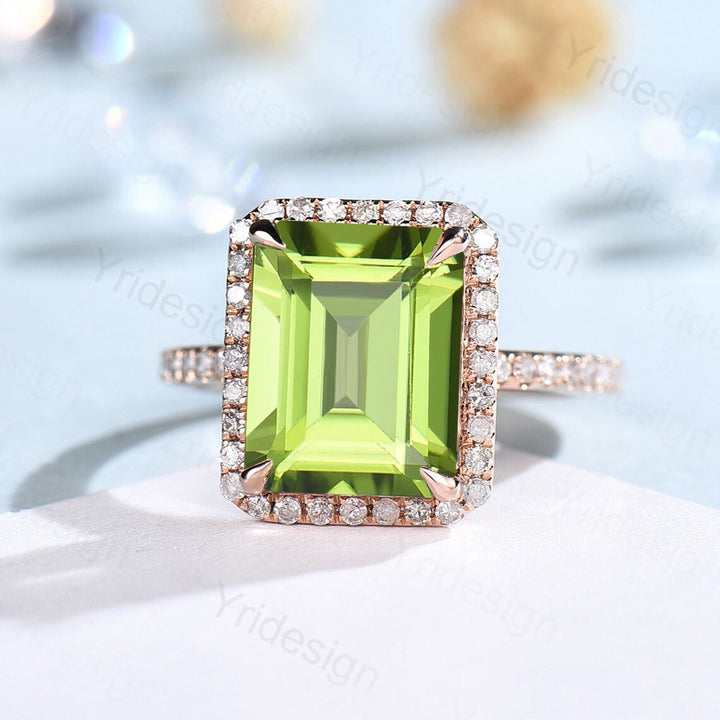 8X10mm Emerald Cut Peridot Ring Rose Gold 4CT Peridot Engagement Ring Vintage Halo Diamond Green Stone Wedding Ring Women Anniversary Ring - PENFINE