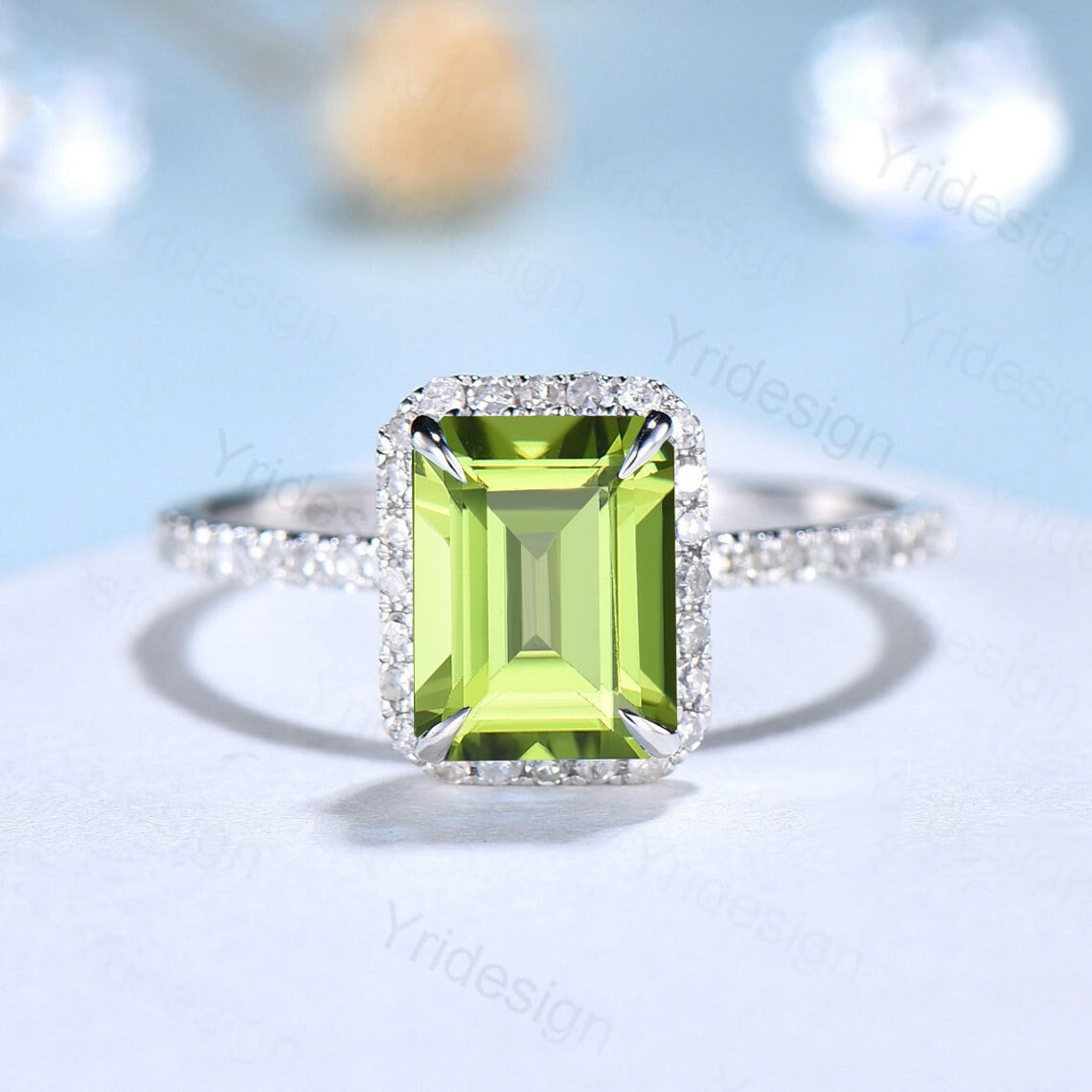 Emerald Cut Peridot Ring 2CT Engagement Ring Set Halo Diamond Solid White gold Wedding Set Moissanite Bridal Promise Ring Anniversary Gift - PENFINE