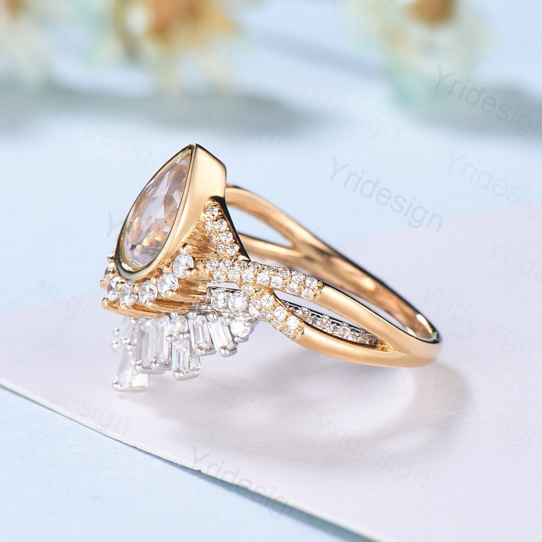 Vintage Pear moonstone engagement ring set twisted women wedding band bezel set moissanite Art deco rose gold promise Infinity wedding ring - PENFINE