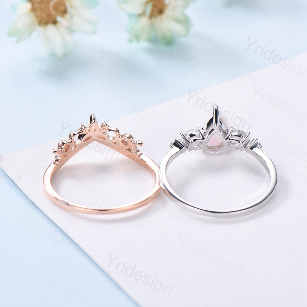 Vintage opal ring gold women unique pear shaped fire white opal engagement ring set moissanite ring art deco crown wedding ring set - PENFINE