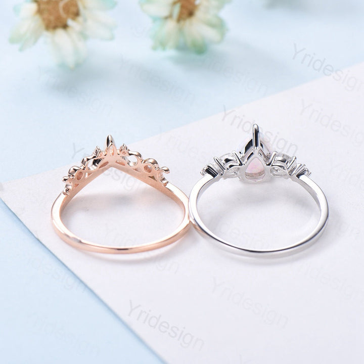 Vintage opal ring gold women unique pear shaped fire white opal engagement ring set moissanite ring art deco crown wedding ring set - PENFINE