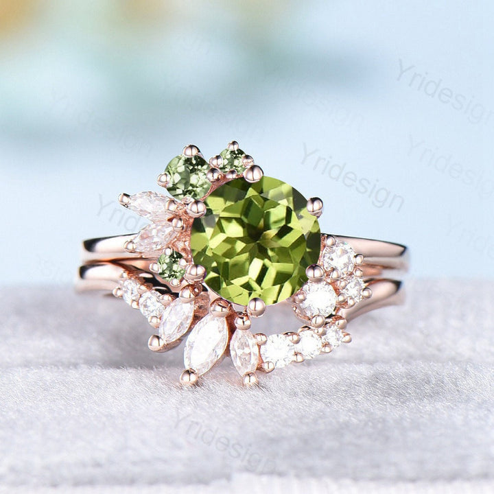 Vintage Peridot Engagement Ring Set Unique Cluster Moissanite Wedding Set Rose Gold Art Deco Anniversary Ring bridal set women gifts - PENFINE