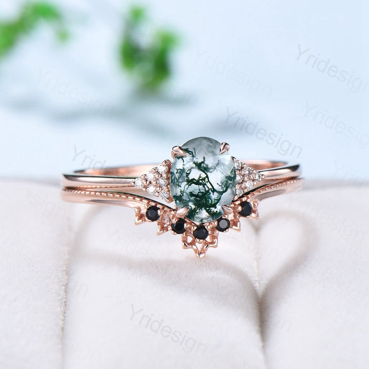 Oval moss agate engagement ring set unique cluster moissanite promise ring vintage aquatic agate wedding set black spinel stacking band - PENFINE
