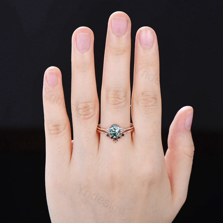 Oval moss agate engagement ring set unique cluster moissanite promise ring vintage aquatic agate wedding set black spinel stacking band - PENFINE