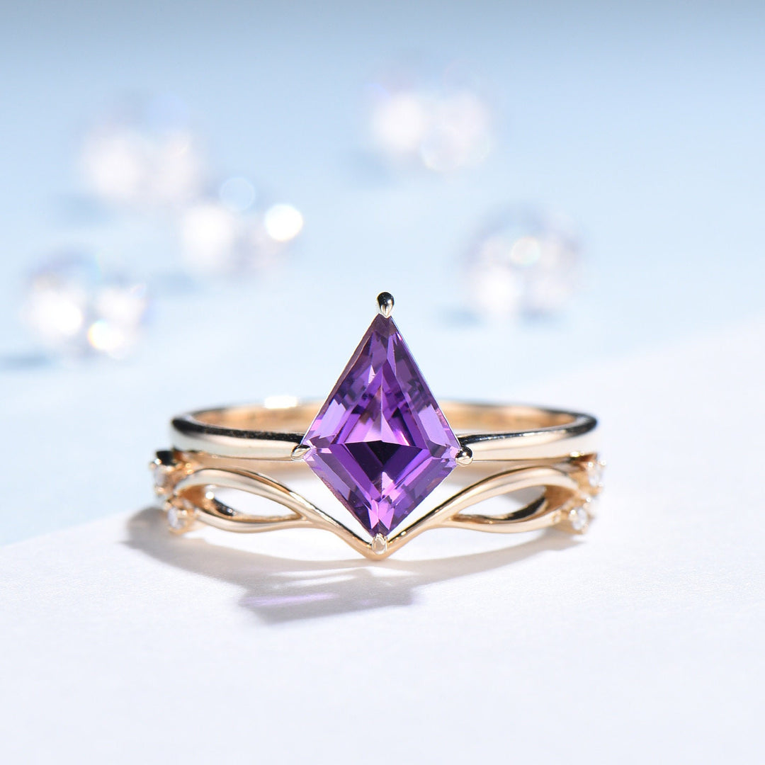 7x10mm Kite Cut Amethyst Ring Set Solitaire 1.5CT Purple Amethyst Engagement Ring Simple Rose Gold February Birthstone Wedding Bridal Set - PENFINE