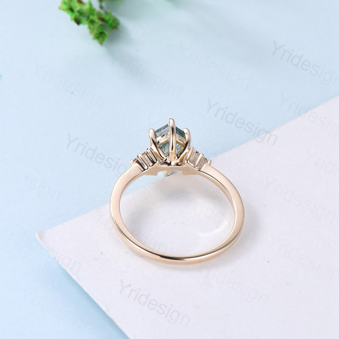 Long Hexagon cut moss agate ring vintage gold engagement ring cluster moissanite diamond wedding ring art deco promise ring for women - PENFINE