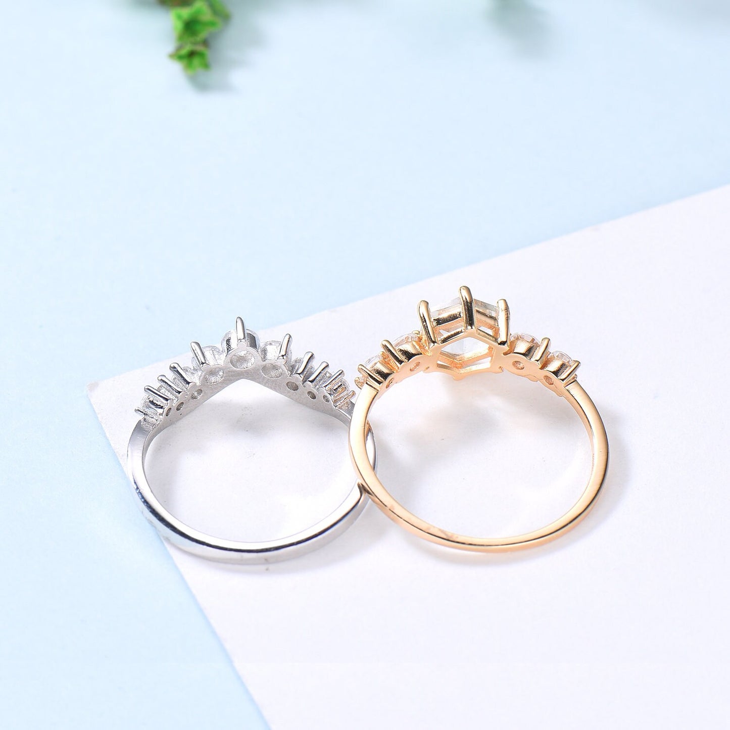 Vintage Alexandrite Moonstone Ring Set Unique Five Stone Hexagon Engagement Ring June Birthstone Promise Ring For Women Anniversary Gift - PENFINE