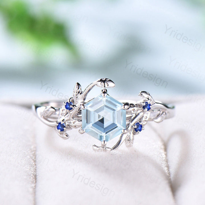 Natural Alternative Aquamarine Ring White Gold Vintage Leaf Aquamarine Engagement Ring Unique Cluster Blue Sapphire  Wedding Ring For Women - PENFINE