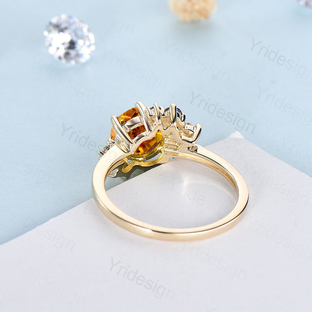 Unique Citrine Engagement Ring Gold Cluster Natural Alternative Citrine Wedding Ring For Women Vintage art deco Anniversary Promise Ring - PENFINE