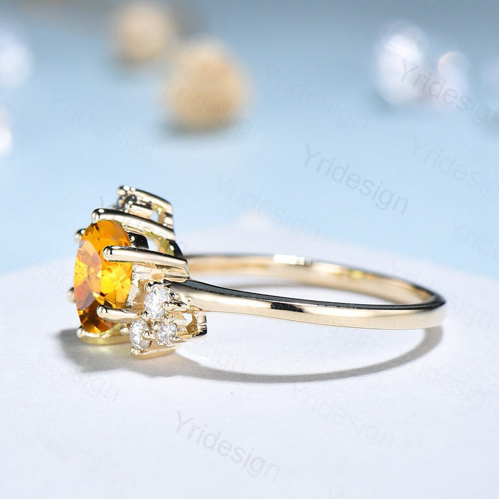 Unique Citrine Engagement Ring Gold Cluster Natural Alternative Citrine Wedding Ring For Women Vintage art deco  Anniversary Promise Ring - PENFINE