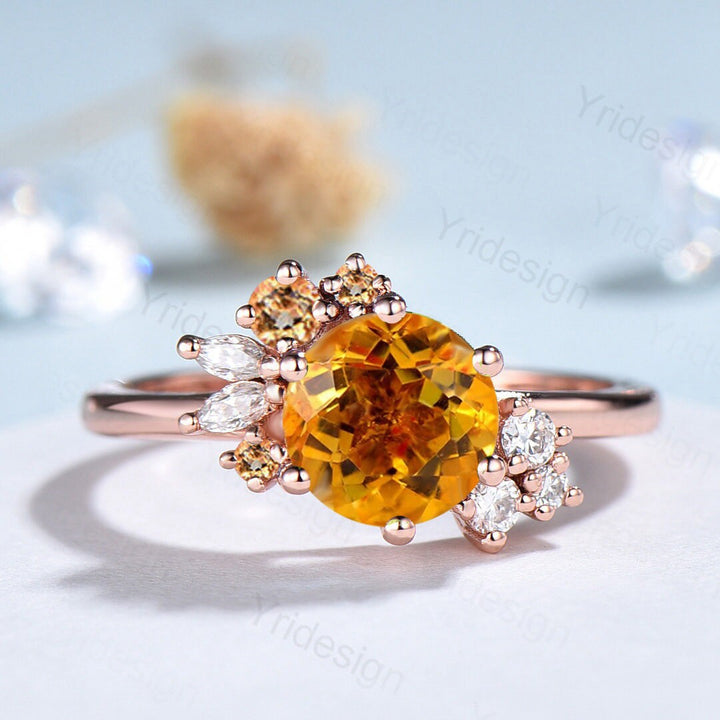 Unique Citrine Engagement Ring Gold Cluster Natural Alternative Citrine Wedding Ring For Women Vintage art deco  Anniversary Promise Ring - PENFINE