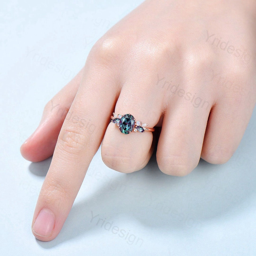 Vintage Alexandrite Engagement Ring Unique Rose Gold Cluster Alexandrite Opal Wedding Ring For Women Bridal Promise Ring Anniversary Gift - PENFINE