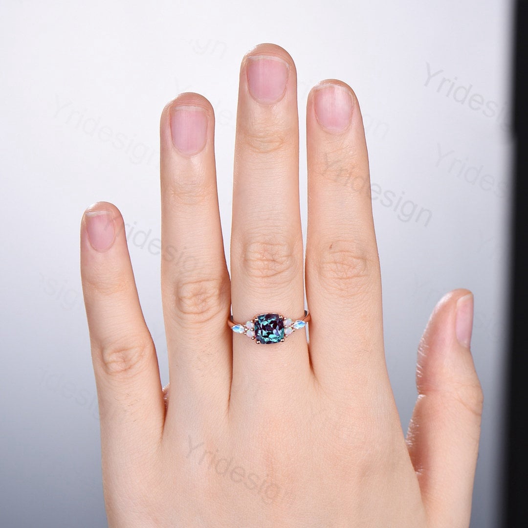 Vintage Alexandrite Ring Silver Rose Gold Cluster Marquise Moonstone Opal Engagement Ring Unique June Birthstone Anniversary Ring Gift - PENFINE