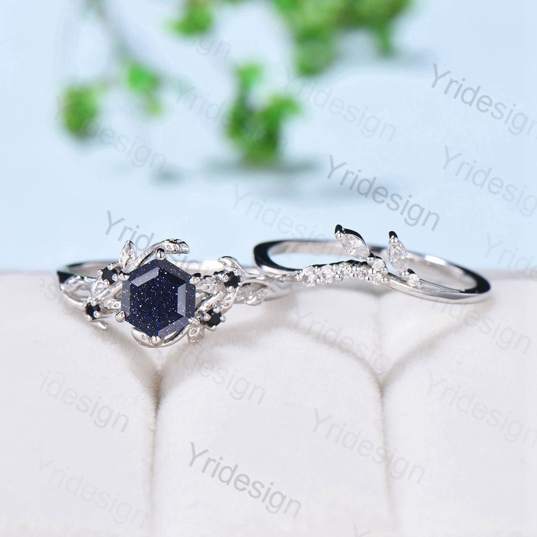 2Pcs Vintage blue sandstone wedding ring set Elegant Inspired leaf galaxy engagement ring for women Crystal promise ring Unique bridal set - PENFINE