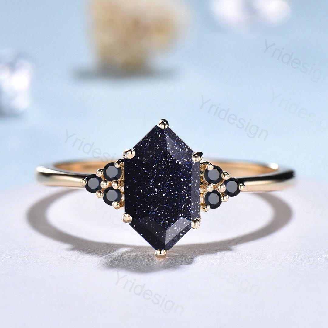 Elegant Hexagon cut blue sandstone wedding ring set Nature Inspired le –  PENFINE